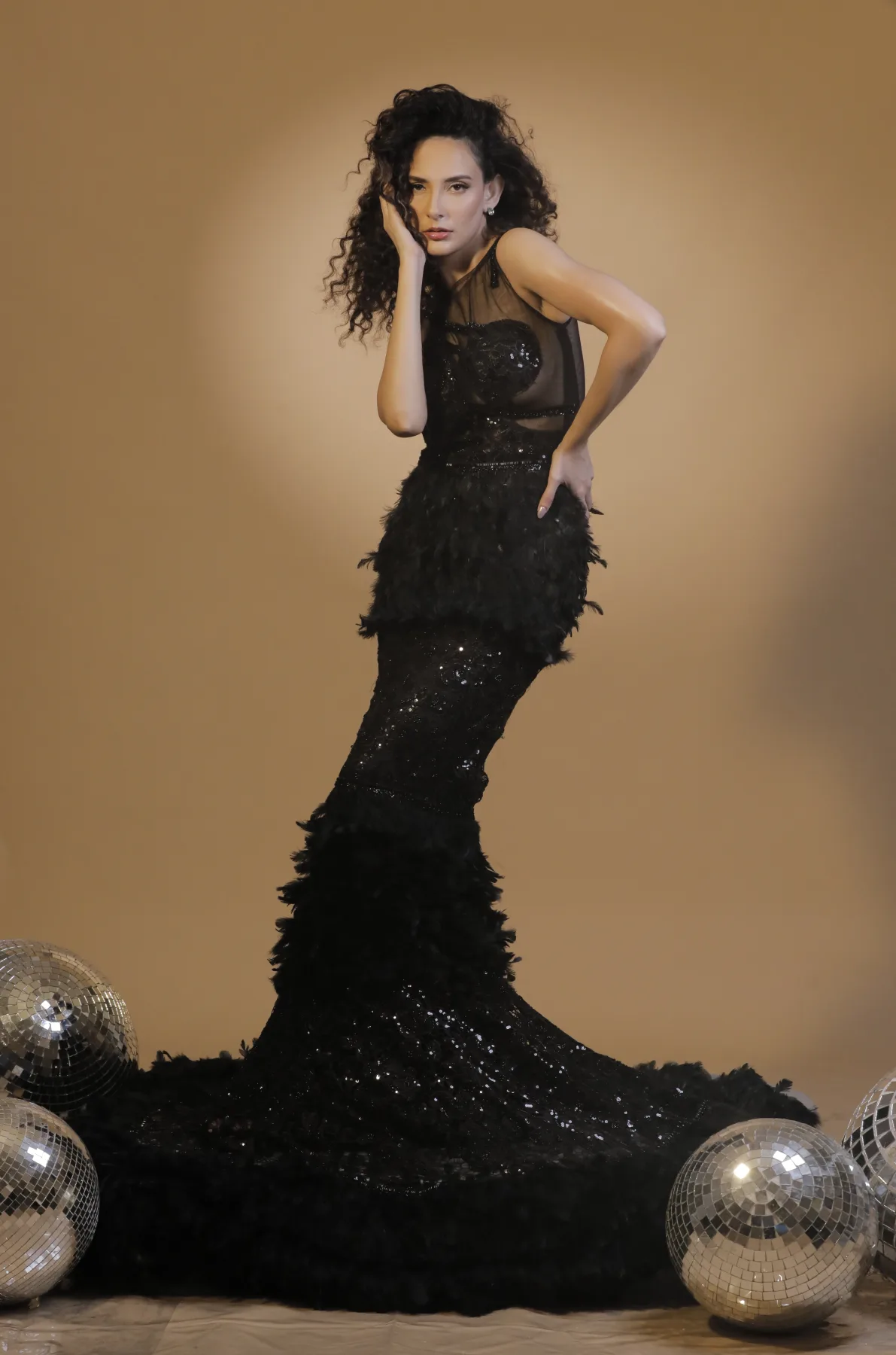Illusion Bodice Feather Evening Gown