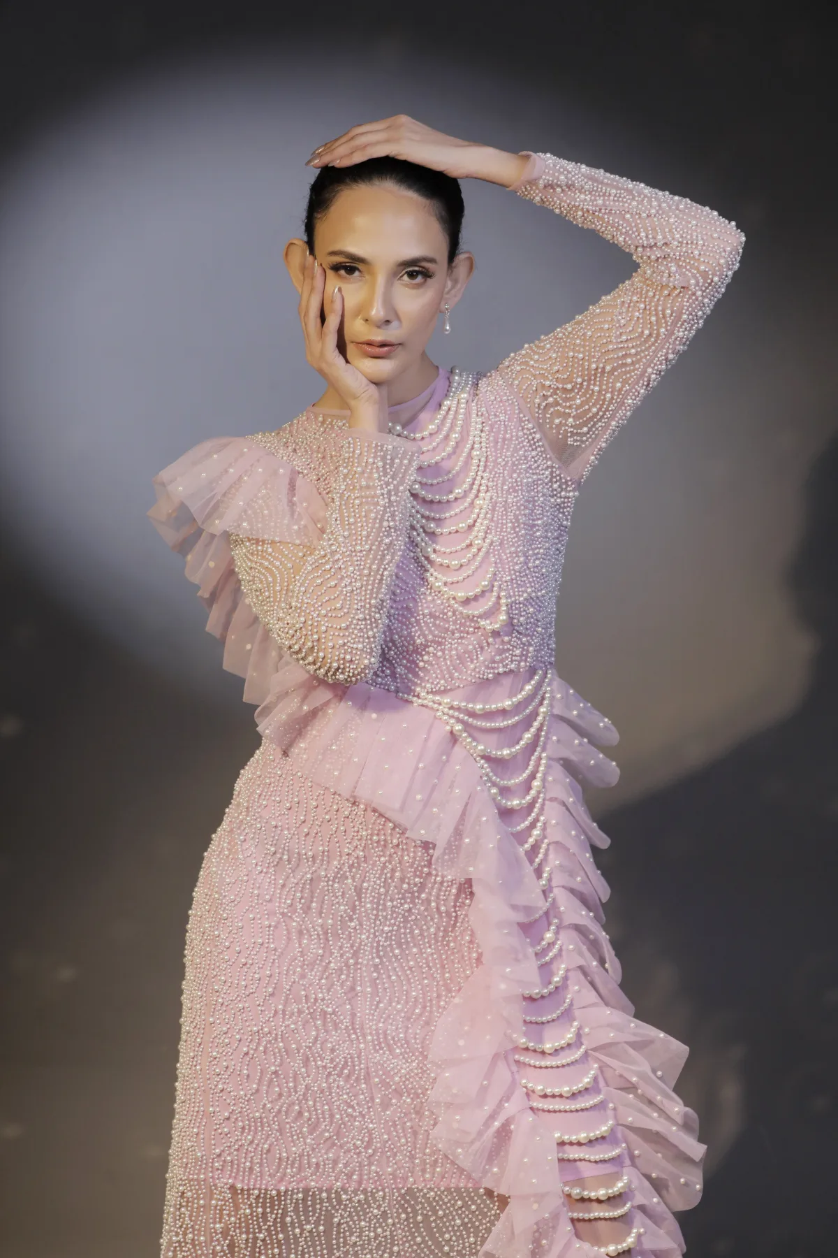 Pearl Embellished Ruffle Sheer Gown