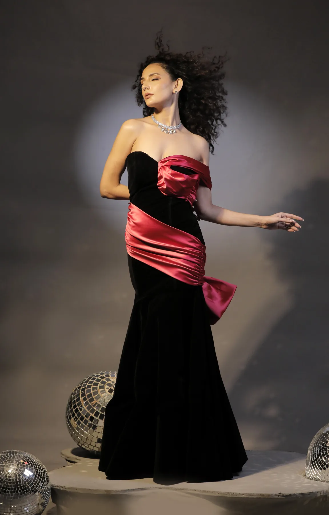 Strapless Colour Block Evening Gown with Satin Drape