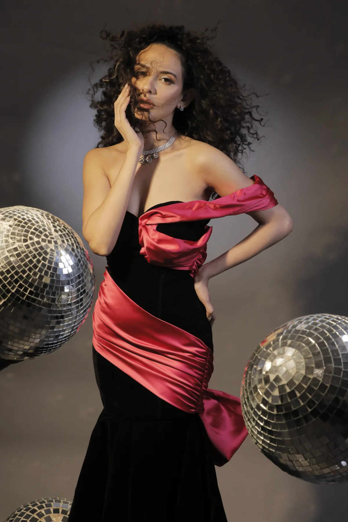 Strapless Colour Block Evening Gown with Satin Drape